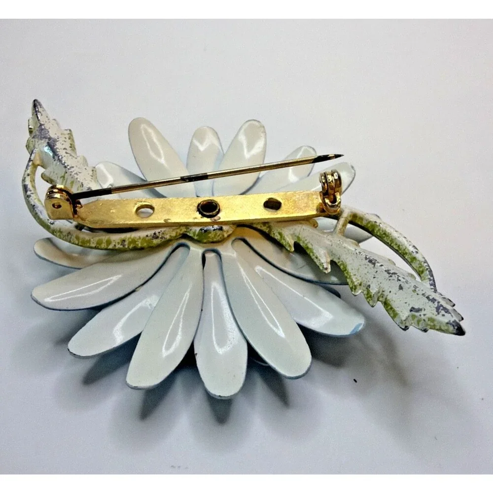 Vintage 1960s Blue Enamel Flower Brooch Rhinestone Mod Flower Power Pin - AS IS